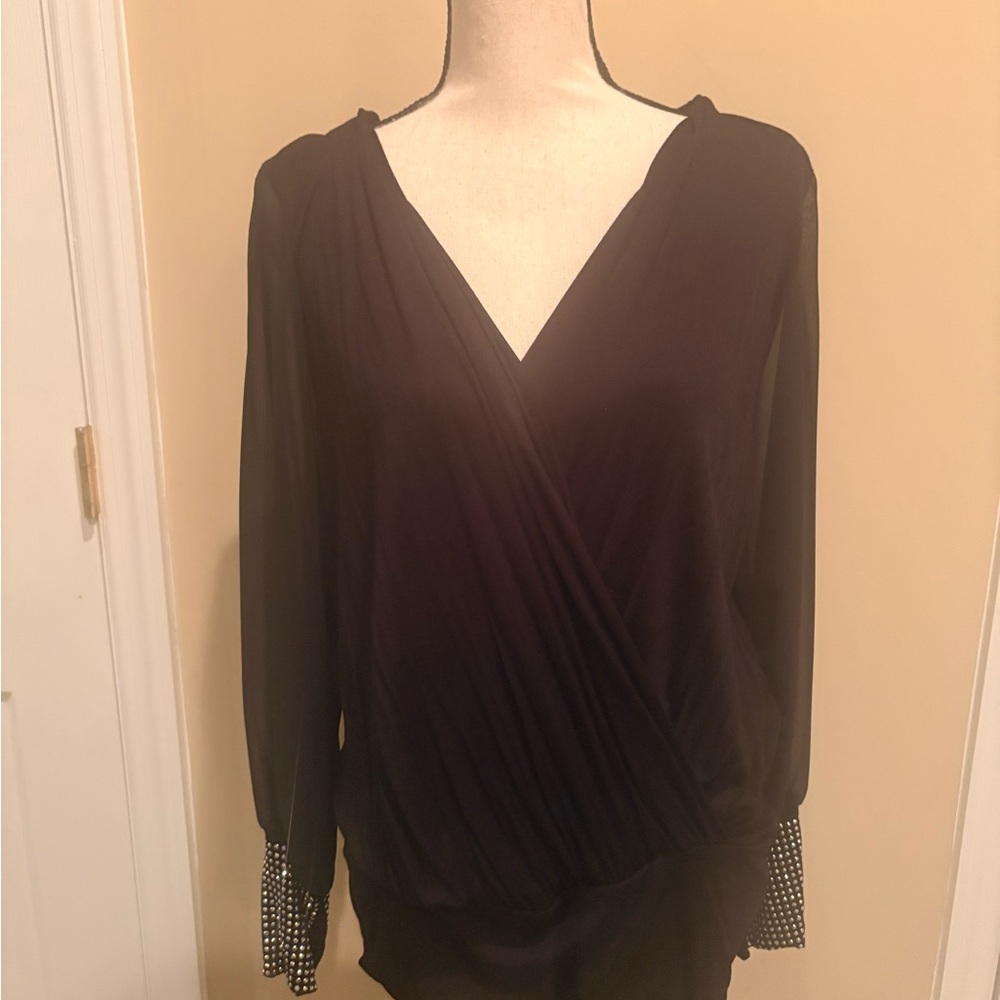 VENUS Black Wrap Blouse with Studded Cuffs